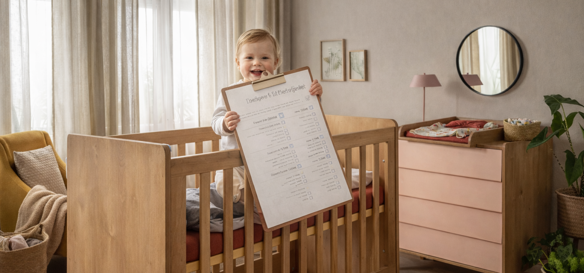 Toddler in bright nursery with checklist