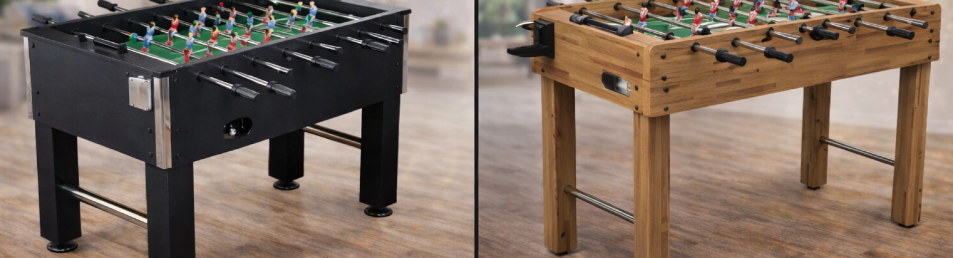Side-by-side foosball tables comparison
