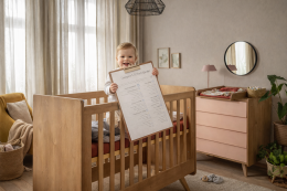 Toddler in bright nursery with checklist